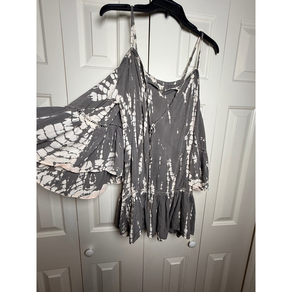 Surf Gypsy Grey Tie Dye Cold Shoulder Bell Sleeve Boho Mini Dress Tunic Small